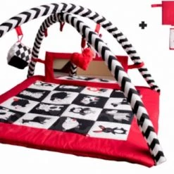 BabySenses For BestCare Contrasterende Educatieve Premium Babymat - Dieren, Spiegel, Wand | Rood-Zwart-Wit | 77x77x40cm | + 0m | Montessori Speelgoed | Mat Met Speelgoed | 100% Katoen | Wasbaar In De Wasmachine | Oeko Tex Standaard 100