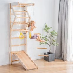 YJZQ Peuterspeelset Binnenspeeltuin Jungle Gym Set- Hout 6-in-1 Multifunctionele Klimrekken/muurbeugels/Ladderklimmer/ Glijbaan/schommel/optrekgedeelte/ Ringen-Rotsklimmen Voor Kinderen Draagvermogen 50kg