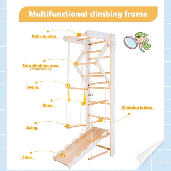 YJZQ Peuterspeelset Binnenspeeltuin Jungle Gym Set- Hout 6-in-1 Multifunctionele Klimrekken/muurbeugels/Ladderklimmer/ Glijbaan/schommel/optrekgedeelte/ Ringen-Rotsklimmen Voor Kinderen Draagvermogen 50kg 7 YJZQ Peuterspeelset Binnenspeeltuin Jungle Gym Set- Hout 6-in-1 Multifunctionele Klimrekken/muurbeugels/Ladderklimmer/ Glijbaan/schommel/optrekgedeelte/ Ringen-Rotsklimmen Voor Kinderen Draagvermogen 50kg - Afbeelding 7