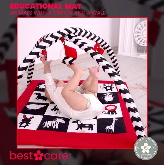 BabySenses For BestCare Contrasterende Educatieve Premium Babymat - Dieren, Spiegel, Wand | Rood-Zwart-Wit | 77x77x40cm | + 0m | Montessori Speelgoed | Mat Met Speelgoed | 100% Katoen | Wasbaar In De Wasmachine | Oeko Tex Standaard 100 2 BabySenses For BestCare Contrasterende Educatieve Premium Babymat - Dieren, Spiegel, Wand | Rood-Zwart-Wit | 77x77x40cm | + 0m | Montessori Speelgoed | Mat Met Speelgoed | 100% Katoen | Wasbaar In De Wasmachine | Oeko Tex Standaard 100 - Afbeelding 2